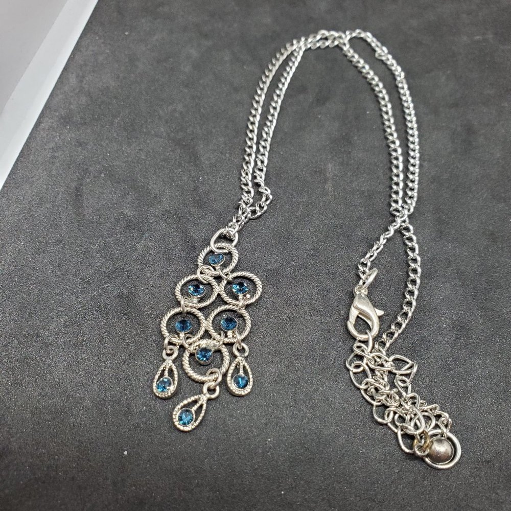 Silver Tone Tiered Blue Rhinestone Necklace Style